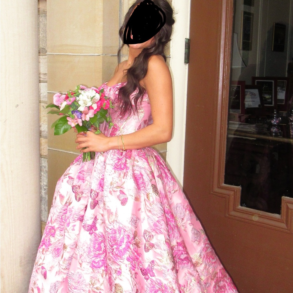 Sherri Hill Pink Floral Ball Gown with Gold Accents - Picture 5 of 5